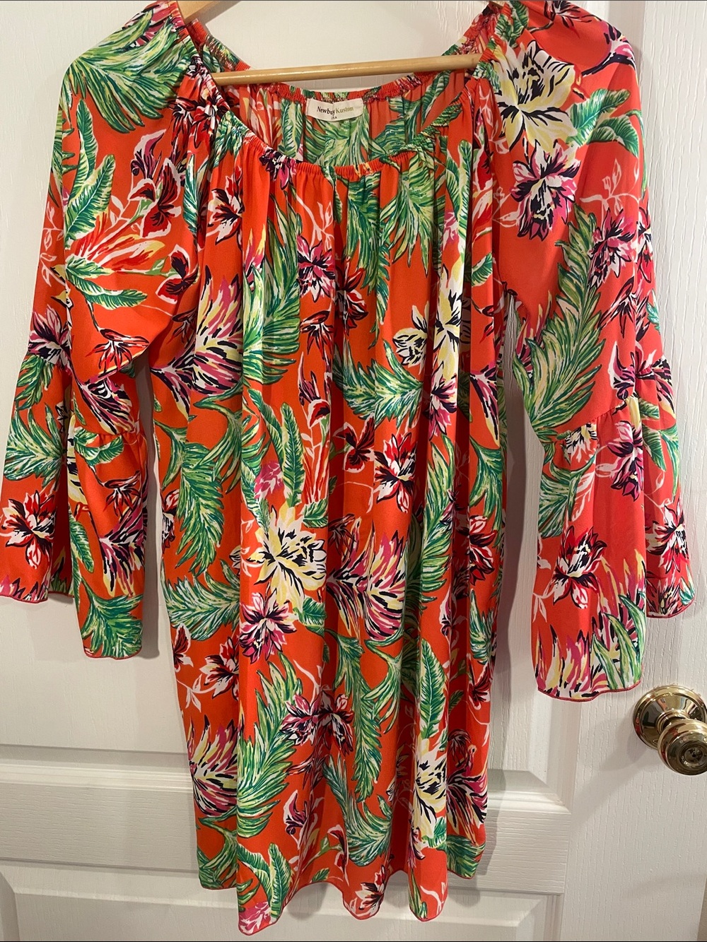 Newbury Kustom Coral Tropical Off-Shoulder Tunic/Dress with Green Leaf Print